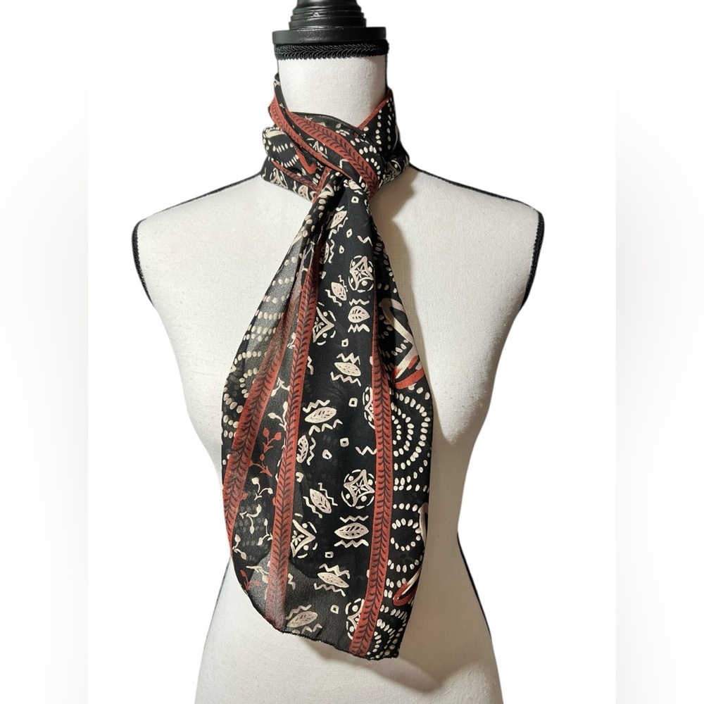 Elegant Black and Burnt Orange Patterned Scarf, approx. 10.5”x58” - Picture 1 of 10